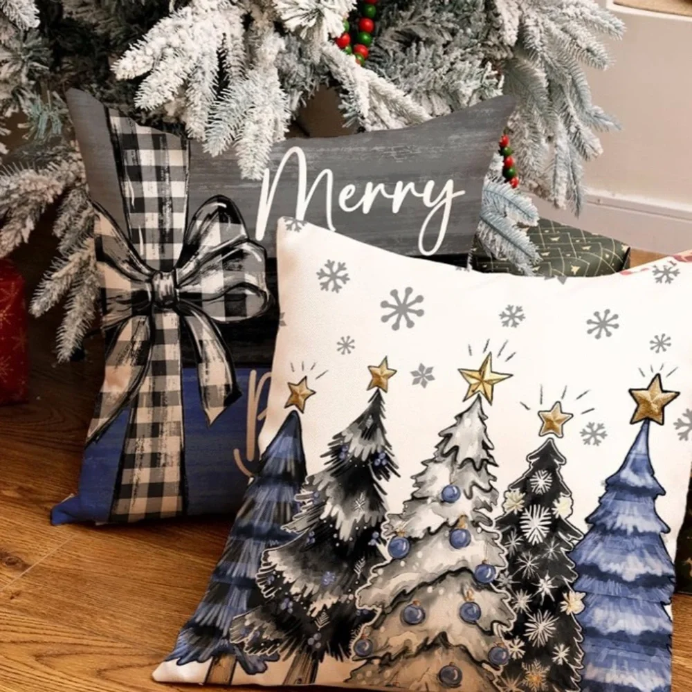 Festive Holiday Pillow Covers Set - Blue and Black